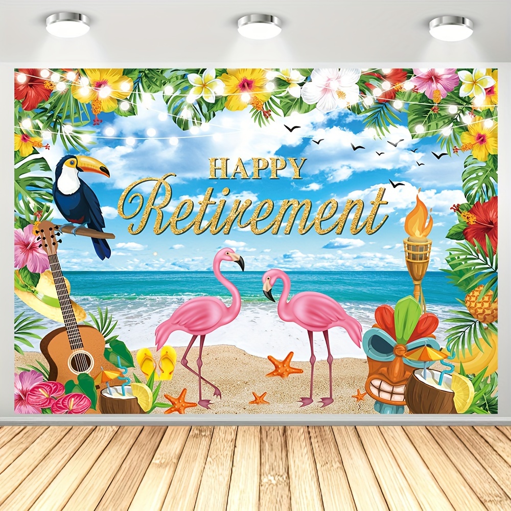 

1pc, Happy Retirement Photography Backdrop, Vinyl Flamingo Hawaii Beach Background Wall Retirement Party Decoration Congratulations Retirement Photo Booth Props 82.6x59.0 Inches/94.4x70.8 Inches