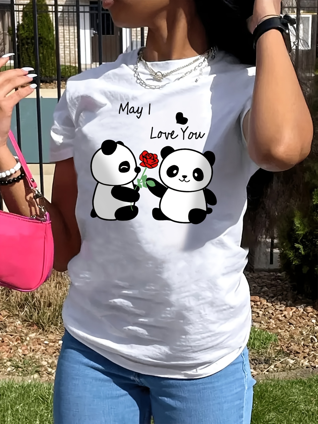 Bonita Camiseta Estampado Panda Camiseta Manga Corta Cuello - Temu