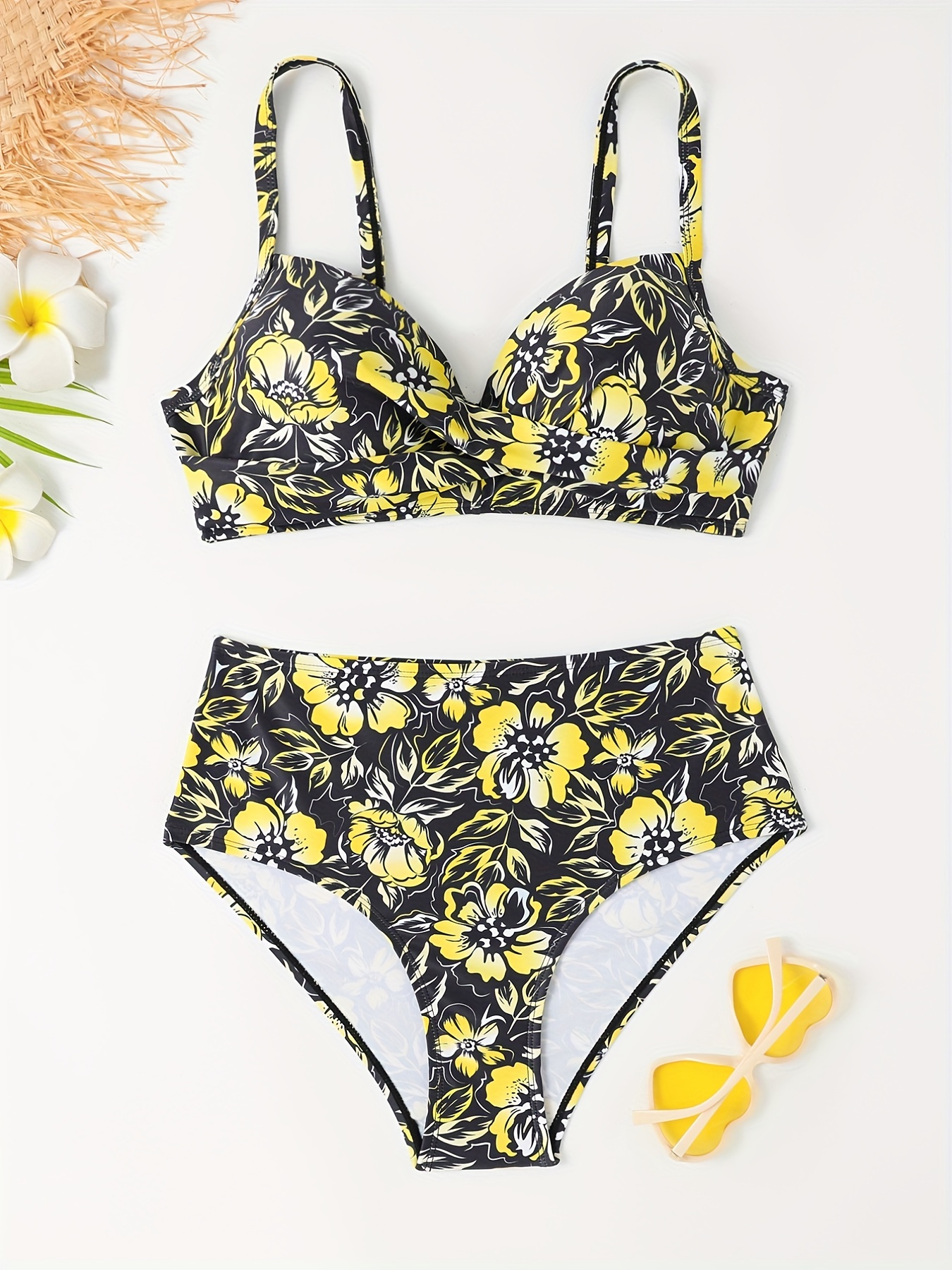 Floral Print Twist Spaghetti Strap Bikini Black Yellow Push - Temu