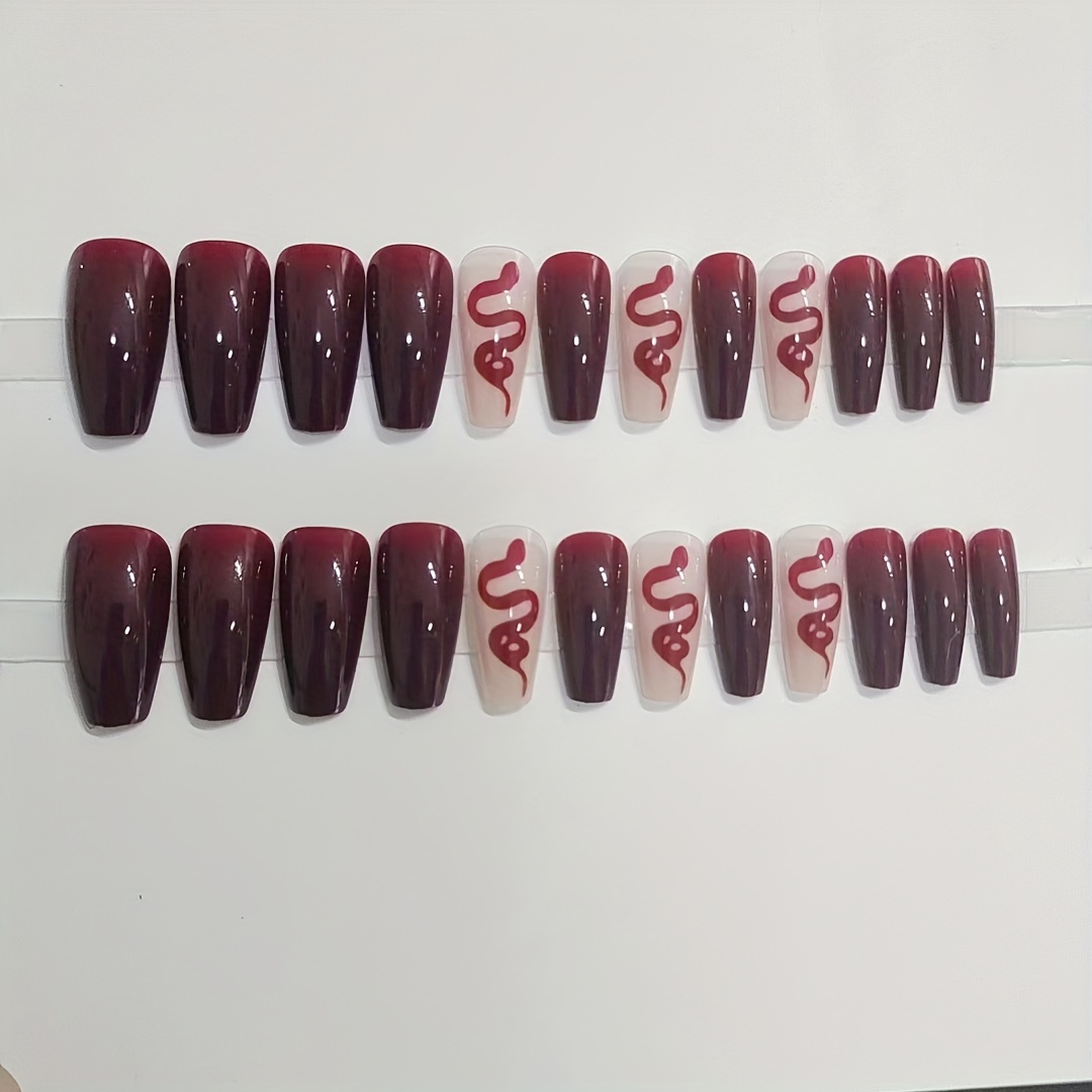 24pcs y2k press on nails ballerina almond fake nails with snake design long length false nails for women girls black red details 2