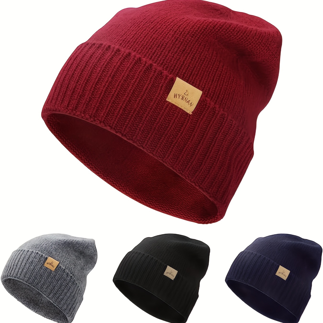 Merino Wool Knit Hat Label Decor Unisex Beanie Solid Color - Temu Canada