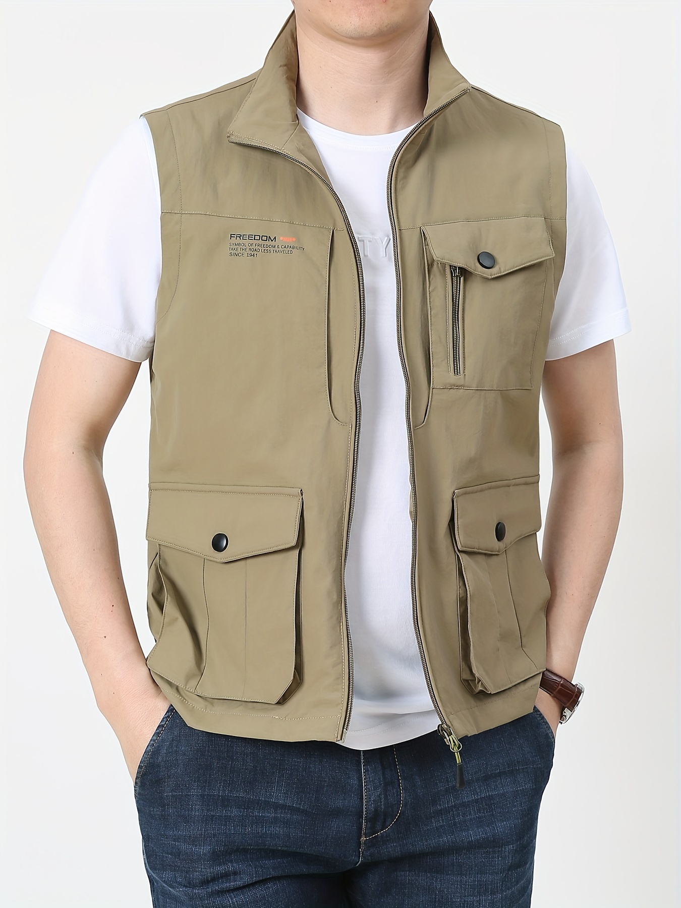 Multi Pockets Cargo Vest Men's Casual Outwear Stand Collar - Temu Canada