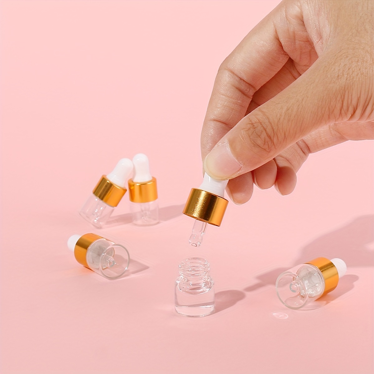 50pcs clear glass dropper vails 1ml mini essential oils sample dropper bottles with golden cap for traveling essential oils perfume cosmetic liquid details 3