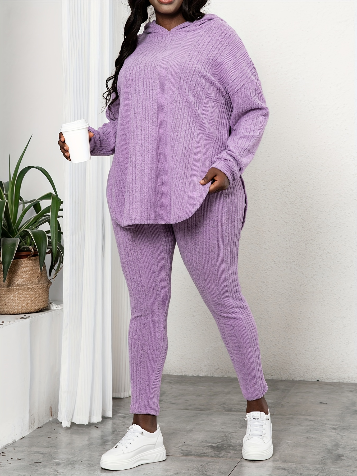 Dropship Plus Size Rib Knit Solid Long Sleeve Hoodie Tops & Leggings Set;  Women's Plus High Stretch Casual 2pcs Set Co-ords to Sell Online at a Lower  Price