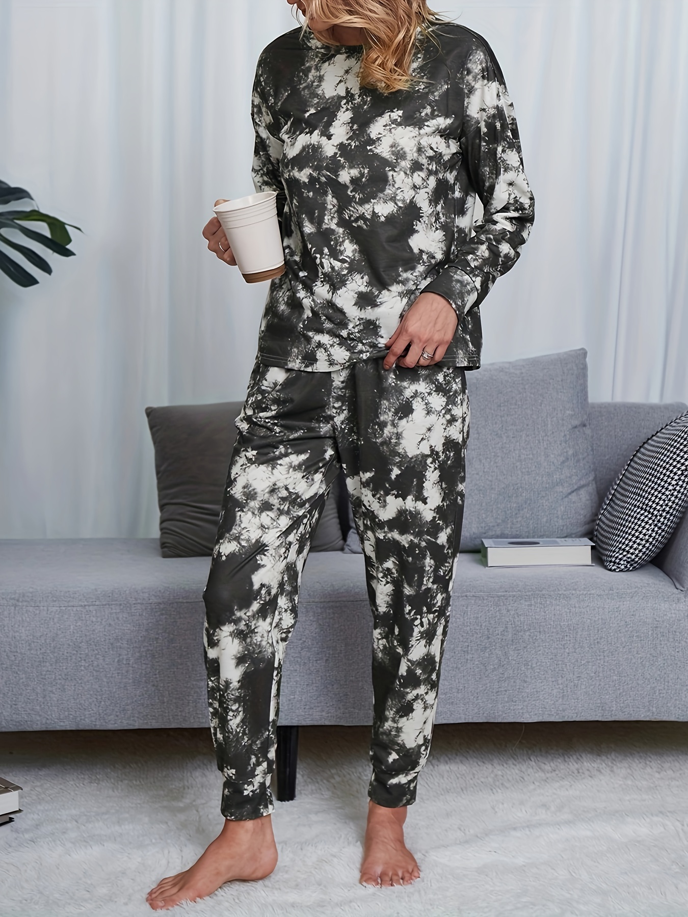 Tie Dye Print Lounge Set Long Sleeve Top & Pants Women's Loungewear