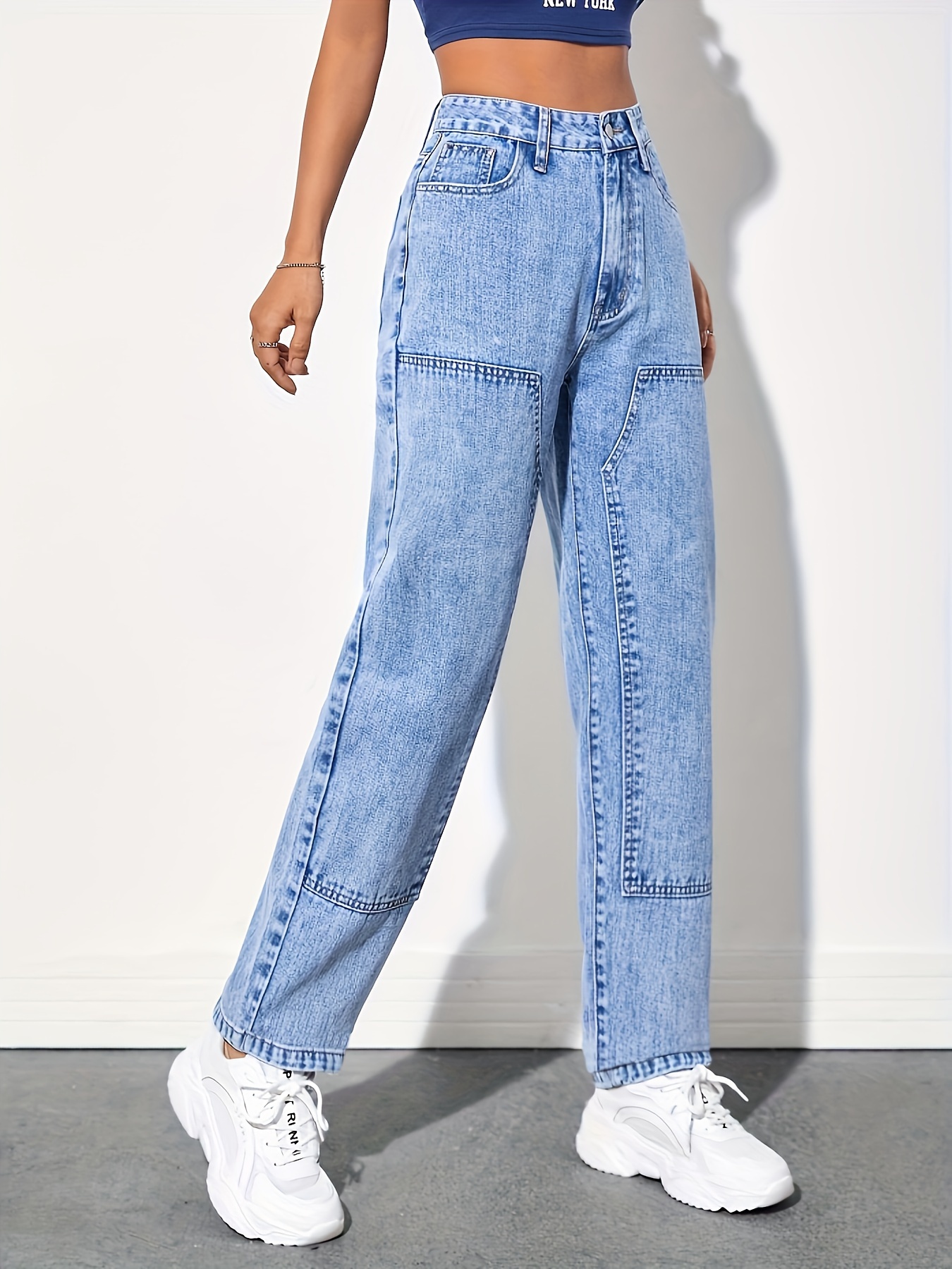 Loose Fit Versatile Mom Jeans, Slant Pockets Non-Stretch Casual Tapered  Jeans, Women's Denim Jeans & Clothing