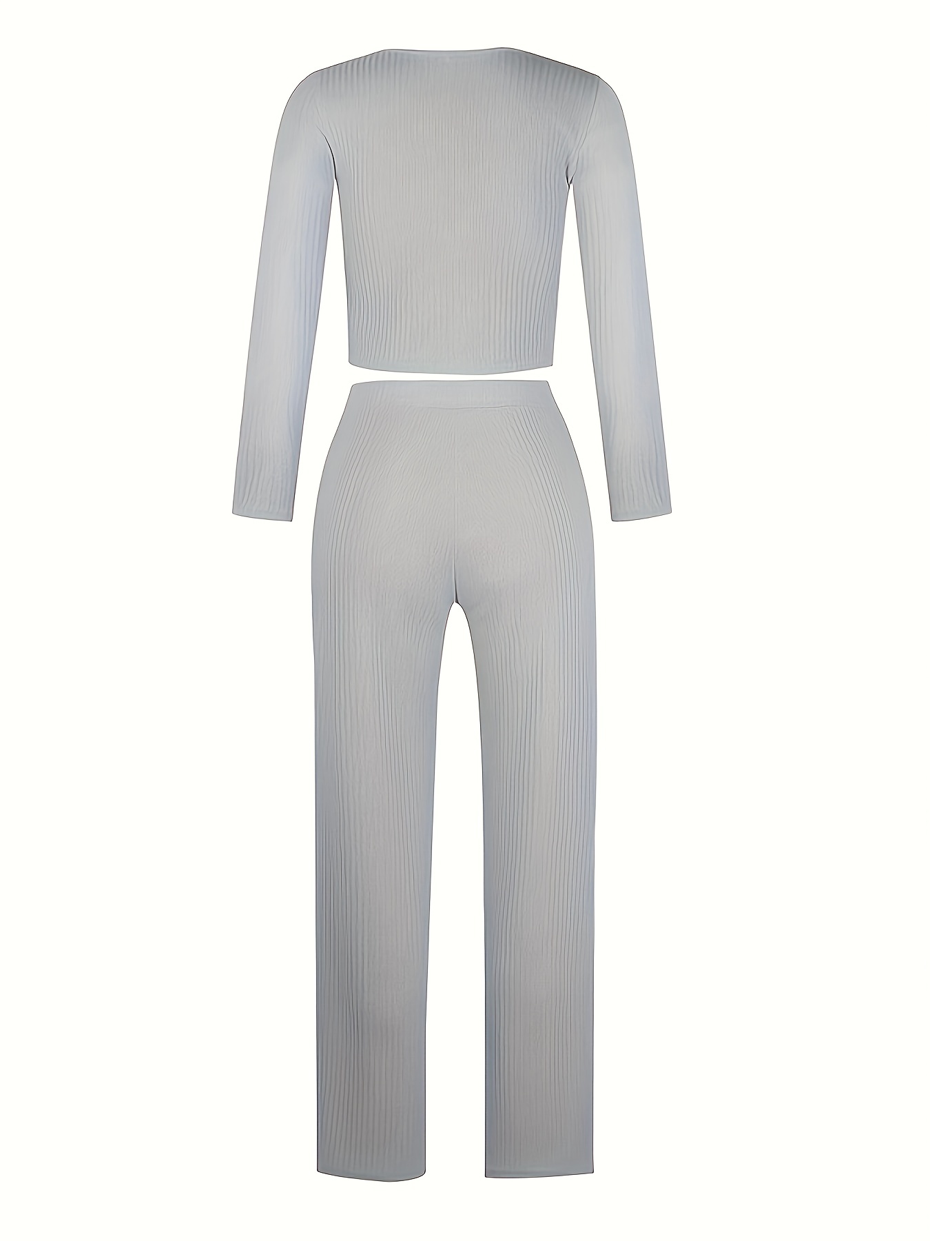Solid Ribbed Lounge Set Long Sleeve Top & Pants Women's Loungewear