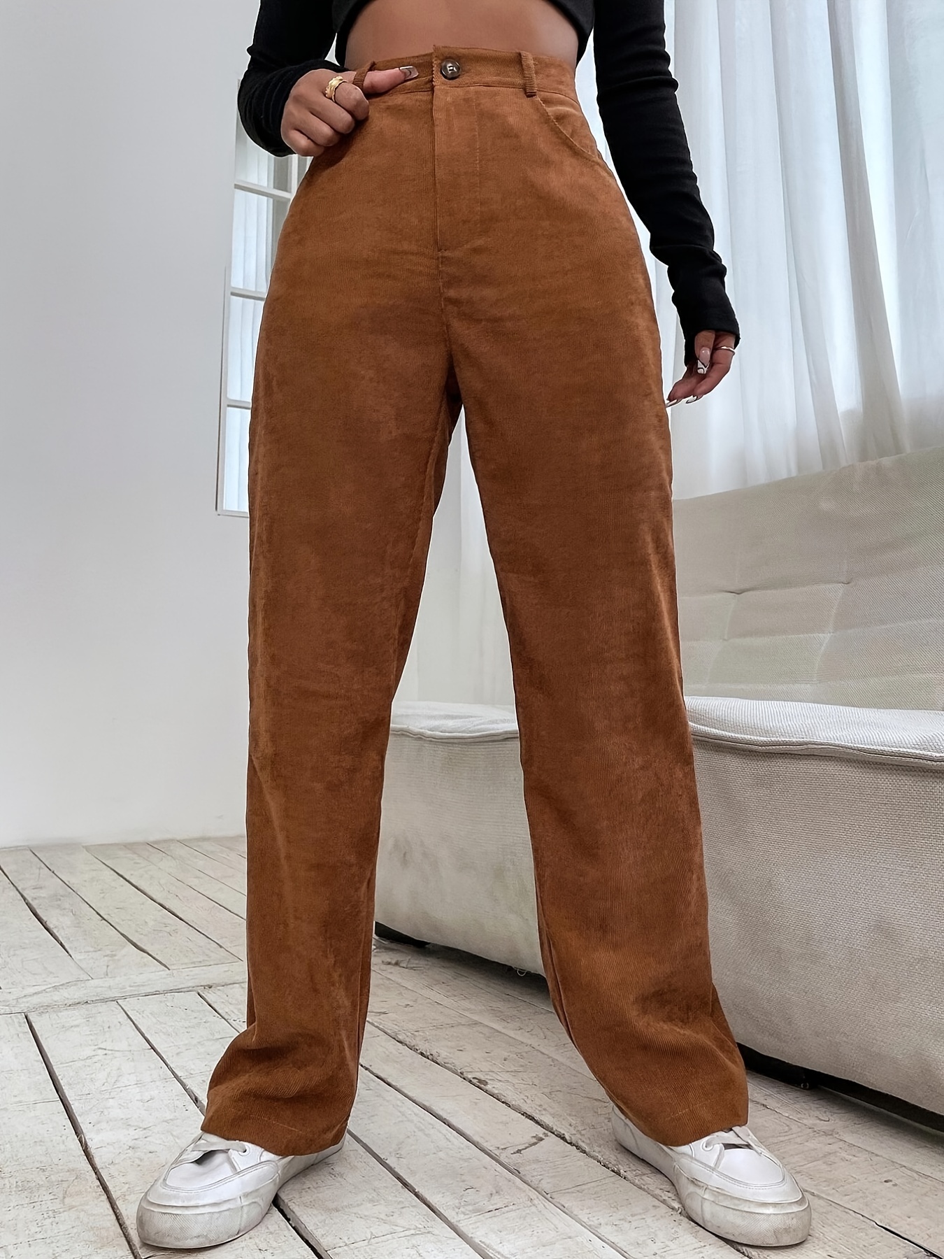 Solid Corduroy Straight Leg Pants, Casual Loose High Waist Pants, Women's  Clothing