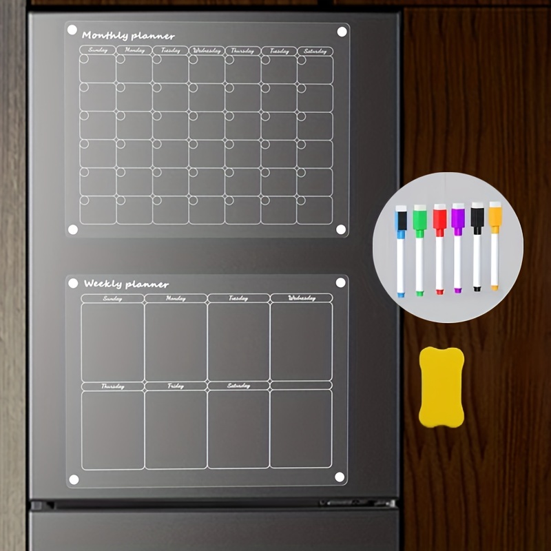 MIKEDE Magnetic Acrylic Calendar for Fridge, 4 Pack Clear Calendar Planner  6 Colorful Markers, Reusable Planning Board Set with Strong Fridge Magnets