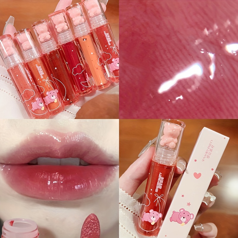 6 Colors Cute Bear Mirror Lip Gloss Moisturizing Long - Temu