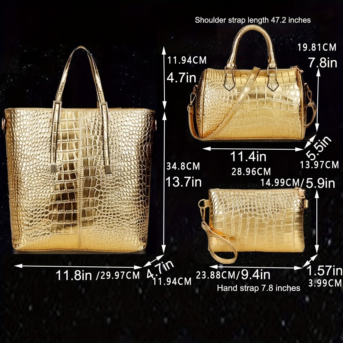 3pcs set golden crocodile print tote bag luxury top handle satchel womens fashion handbag shoulder bag crossbody bag purse details 0