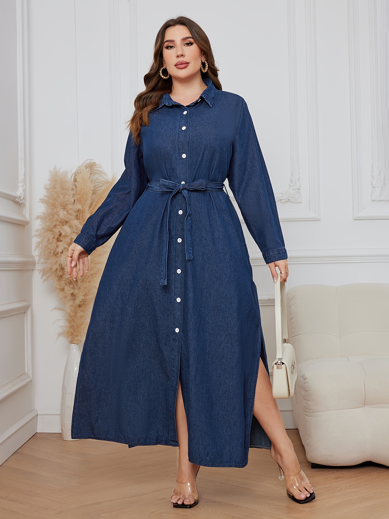 Plus Size Casual Denim Dress Women's Plus Solid Button Long - Temu Canada