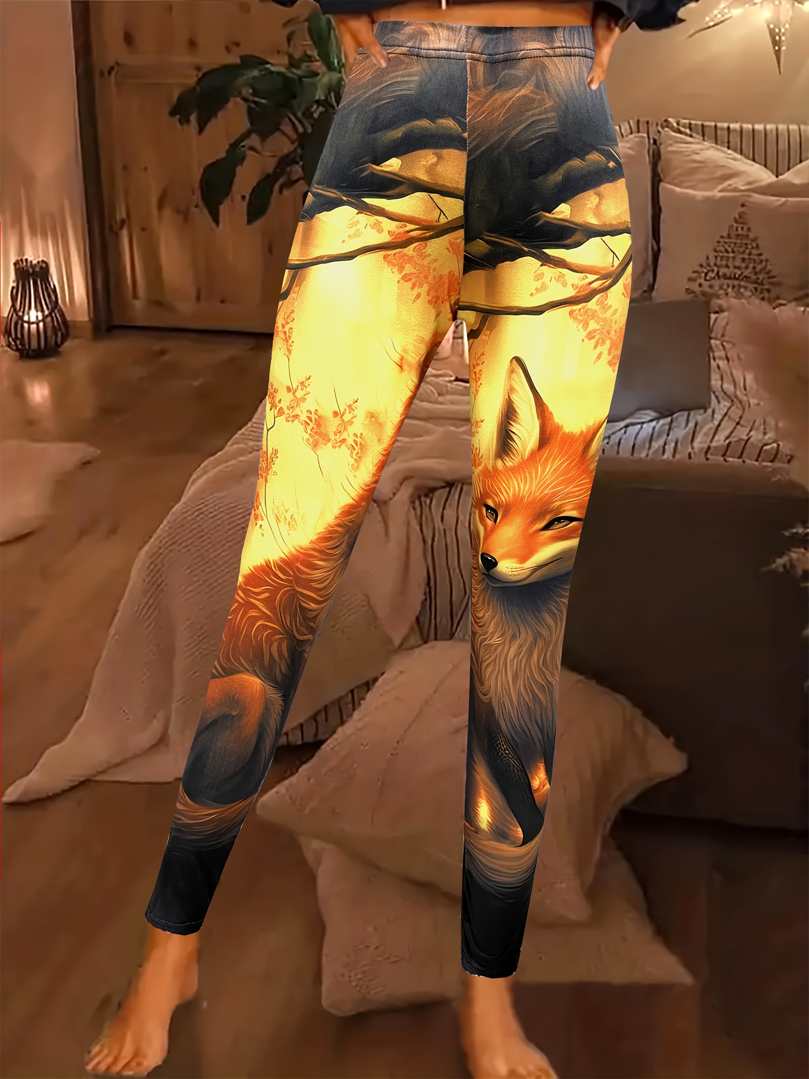 Fox Print Skinny Leggings Casual Elastic Waist Stretchy - Temu