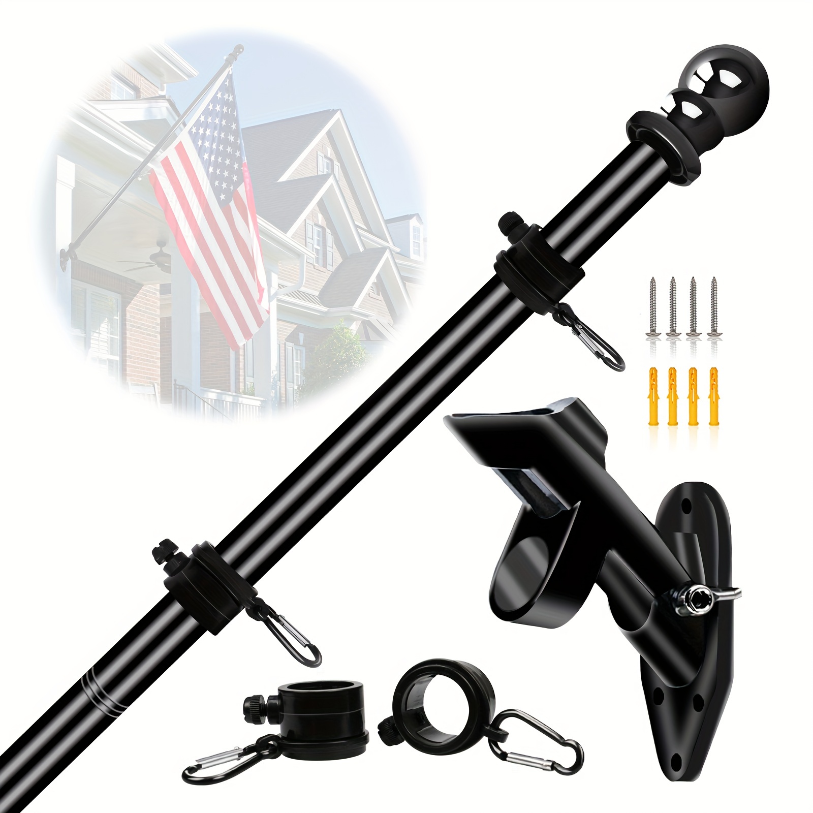 

1 Set Black Flagpole Kit For Outside House Stainless Steel Wall Mounted Flag Poles With Bracket & Flag Mounting Rings For Porch Yard Garden Outdoor Residential Or Commercial (no Flag), 5ft