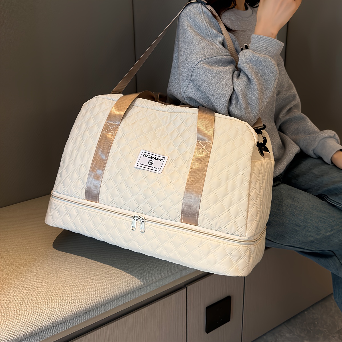 lightweight argyle pattern luggage bag large capacity travel duffle bag portable overnight bag details 15