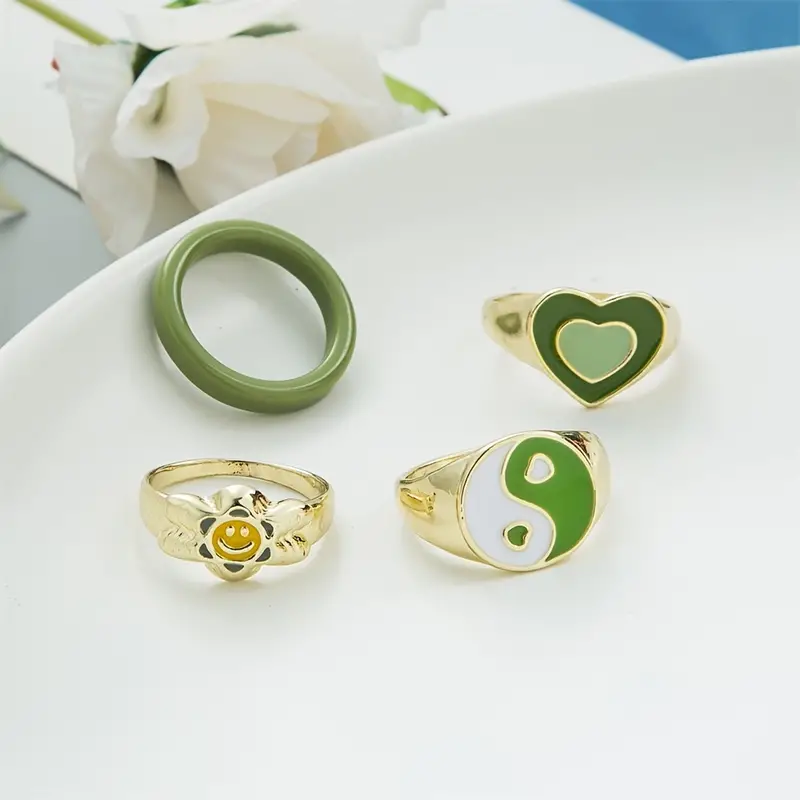 Vintage Green Oil Drop Heart Ring Colorful Y2k Rings For - Temu