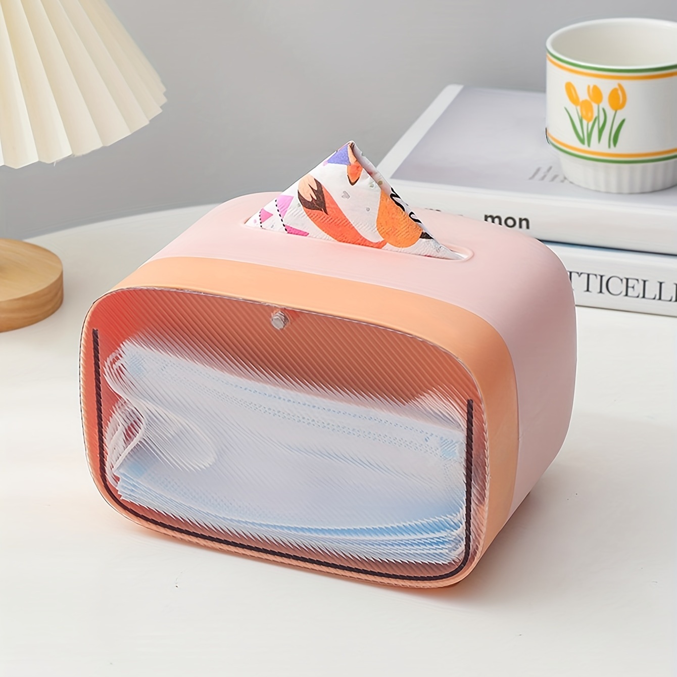 1pc Pink Nordic Style Desktop Tissue Box With Phone Holder, Remote