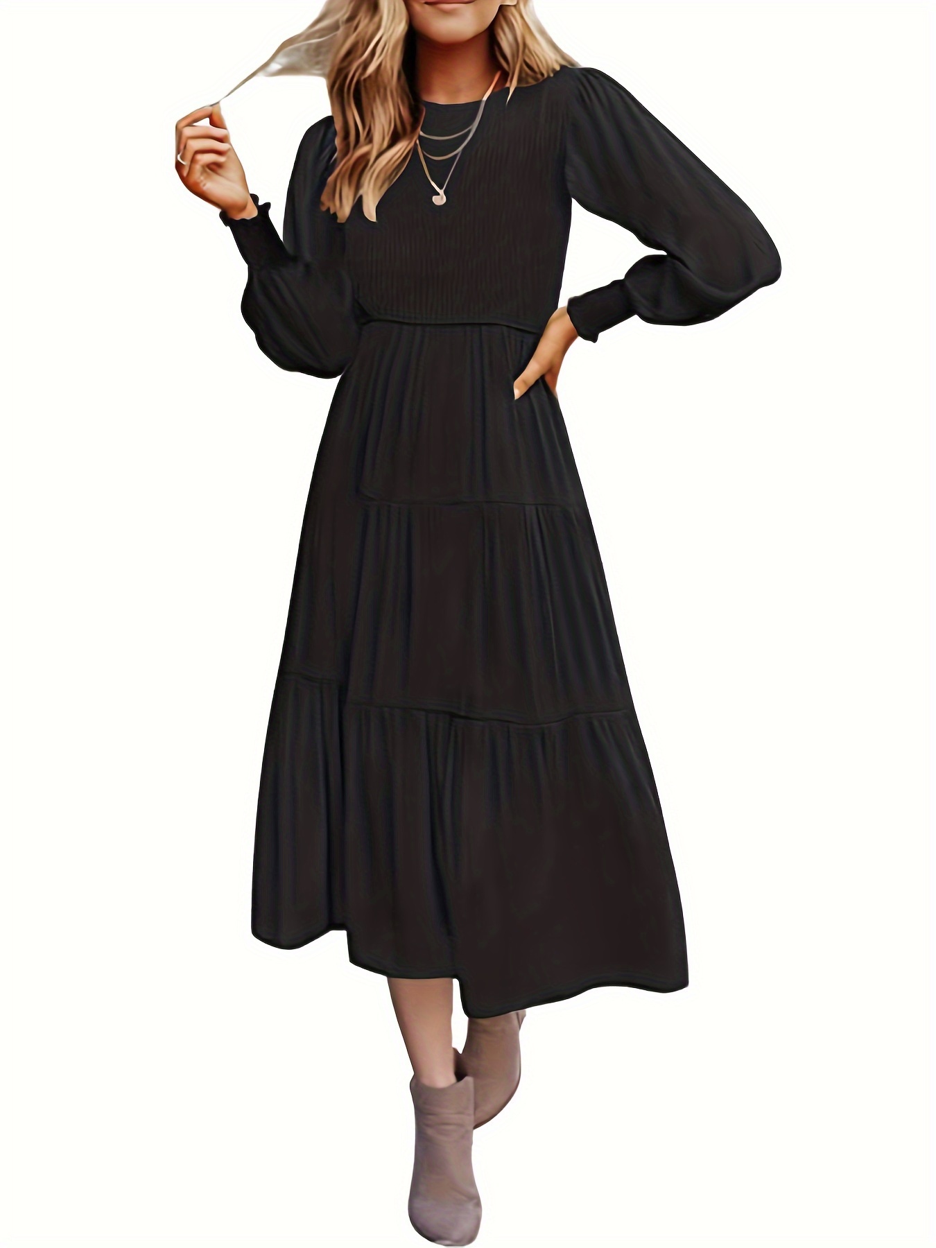 Round neck long sleeve tiered best sale midi dress