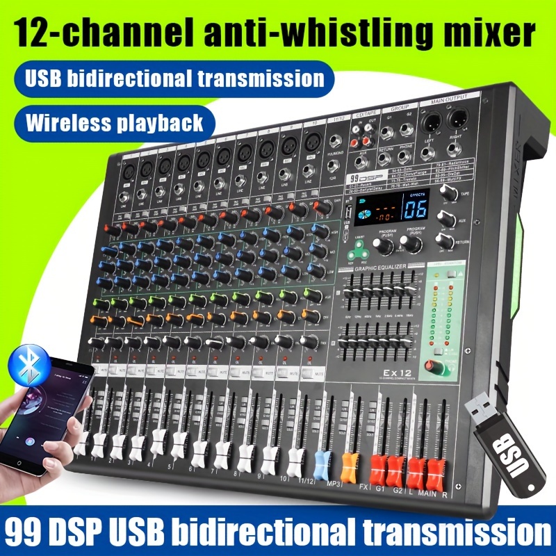  6 Channel Audio Interface DJ Mixer Sound Board USB Bluetooth  Mixer with Reverb Delay Effect Audio +48V Phantom Power Stereo Record Mixers  for Studio Streaming, Podcasting : Musical Instruments
