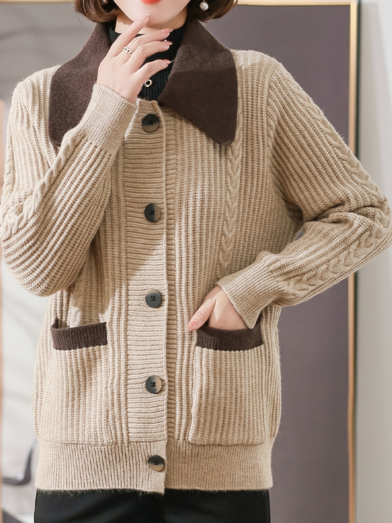 Cable Knit Button Cardigan Elegant Turndown Collar Long - Temu