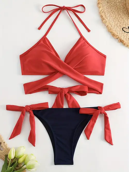 Drawstring Cut Halter Neck Bikini Sets Dark Red Criss Cross - Temu