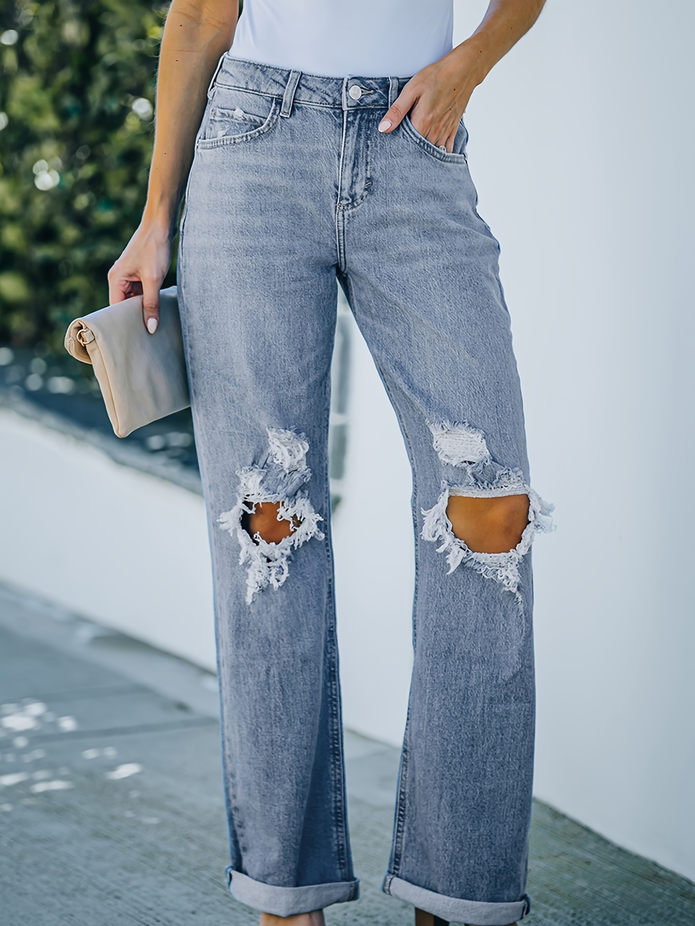 Women Loose Ripped Boyfriends Jeans High Waist Baggy Denim Pants Classic  Distressed Wide Leg Jeans Mom Jeans Trousers 