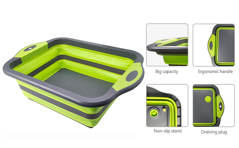 1pc collapsible cutting board with colander multifunction silicone folding chopping board dish tub basin food strainer storage basket draining washing vegetables fruits basin for kitchen camping picnic   stuff kitchen accessories details 2