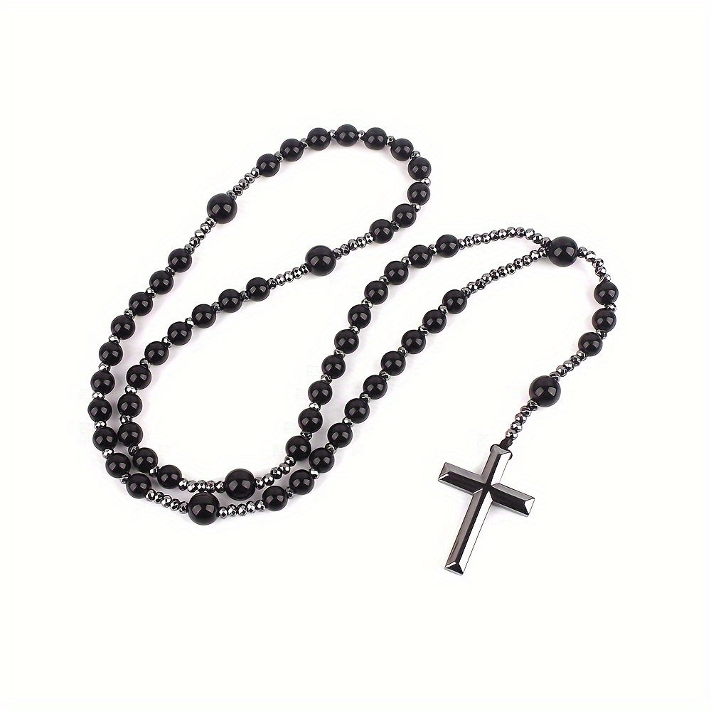 

1pc Fashion Retro Style Natural Stone Round Beads Hematite Cross Religious Rosary Beads Necklace, Men's Long Necklace For Daily Wear