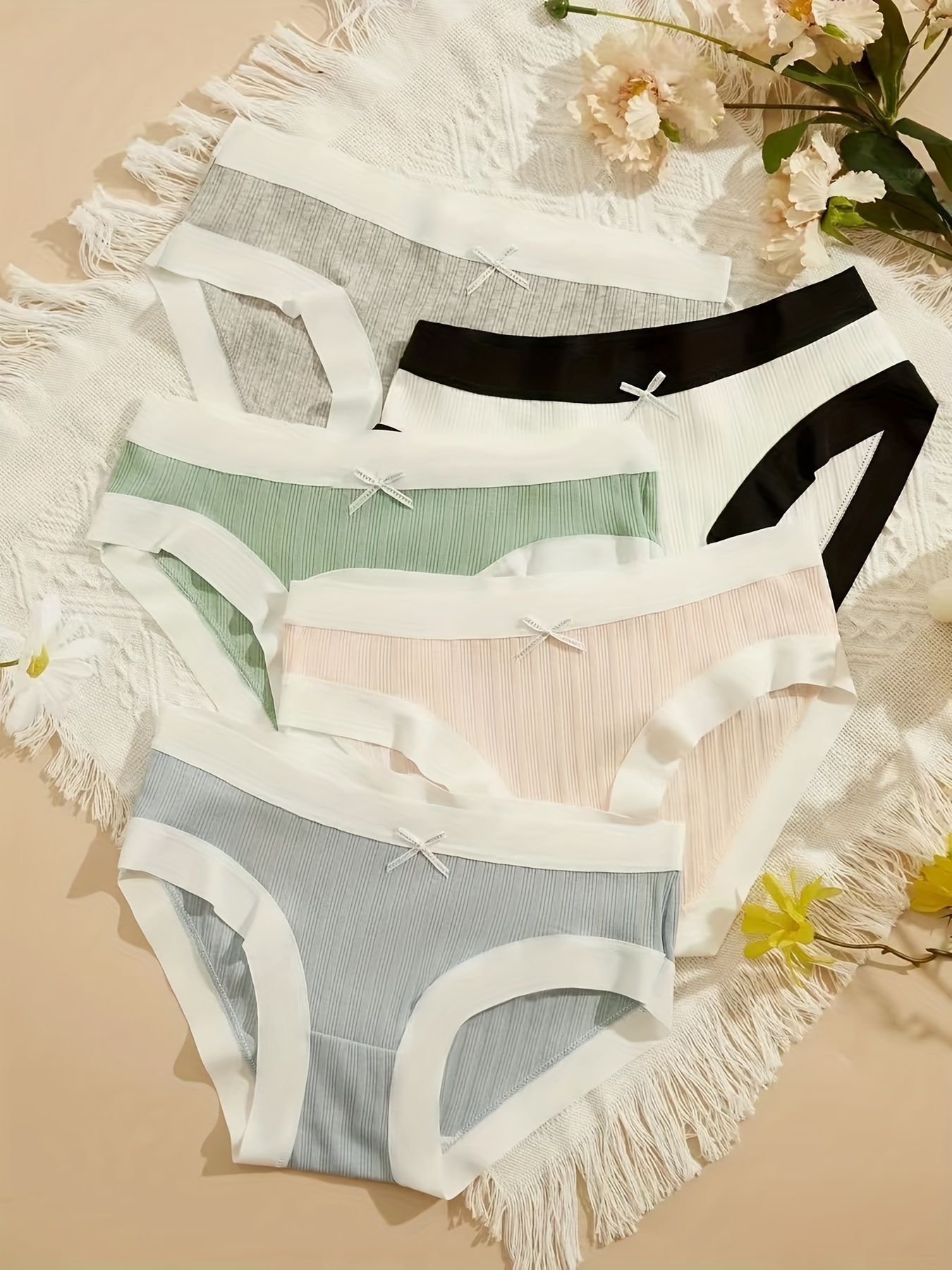 Solid Lace Trim Ribbed Low Waist Panties Cute Everyday - Temu