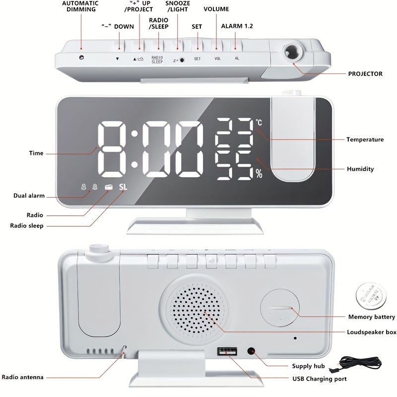 1pc Radio Fm Led Reloj Despertador Inteligente Digital, Reloj Mesa  Electrónico, Reloj Escritorio, Despertador Usb Proyector Tiempo,  Temperatura Humedad Display, 90 Días Protección Comprador