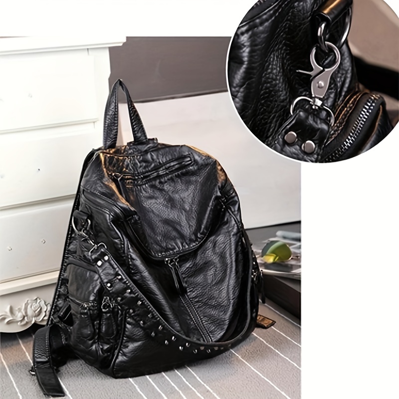 Black Leather Feather Embossed Travel Vintage Backpack Purse For