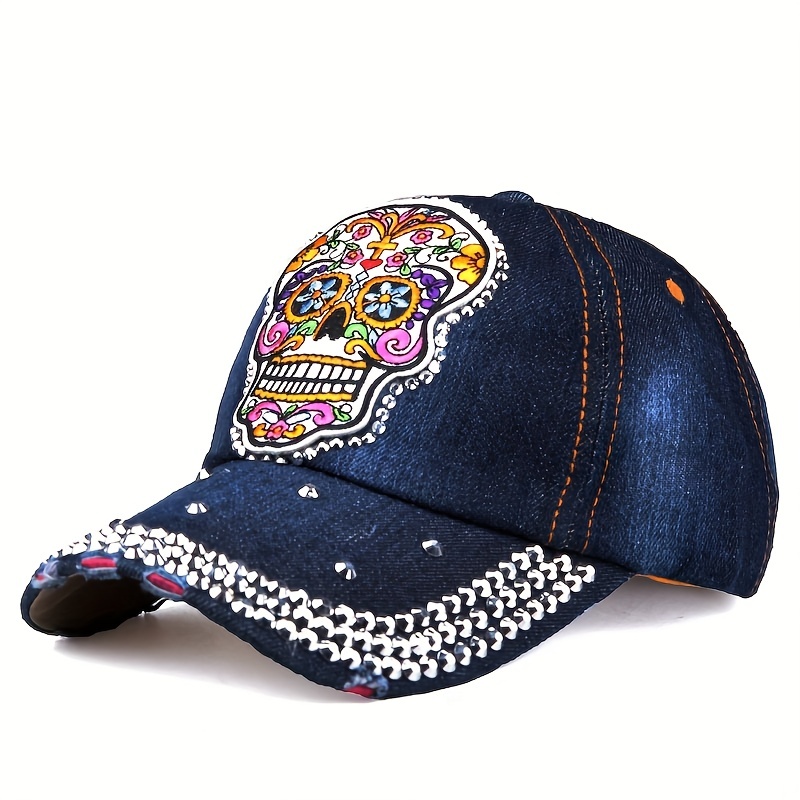 Metal Skull Rhinestone Baseball Sparkle Womens Denim Hip Hop