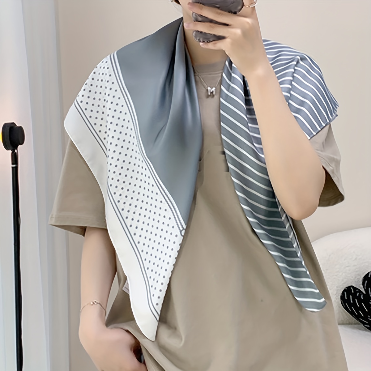 Stripe Dot Print Silk Square Scarf Bandana Shawl