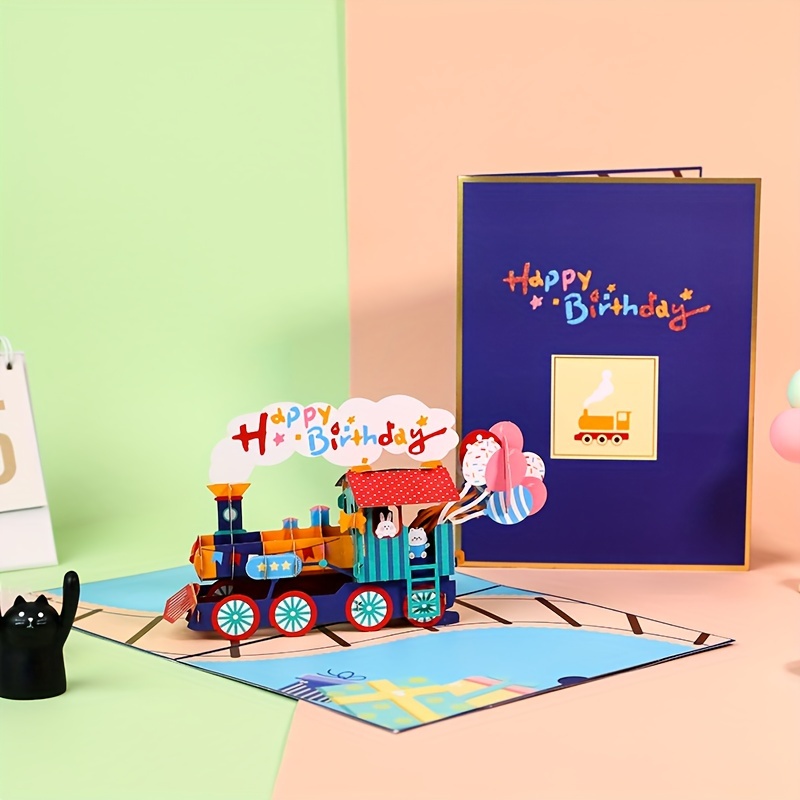 

Pop-up Card Happy Birthday Train, Funny Handmade 3d Greeting Bday Cards With Envelope, Birthday Card For Friends Son Daughter Grandson Granddaughter All Occasion