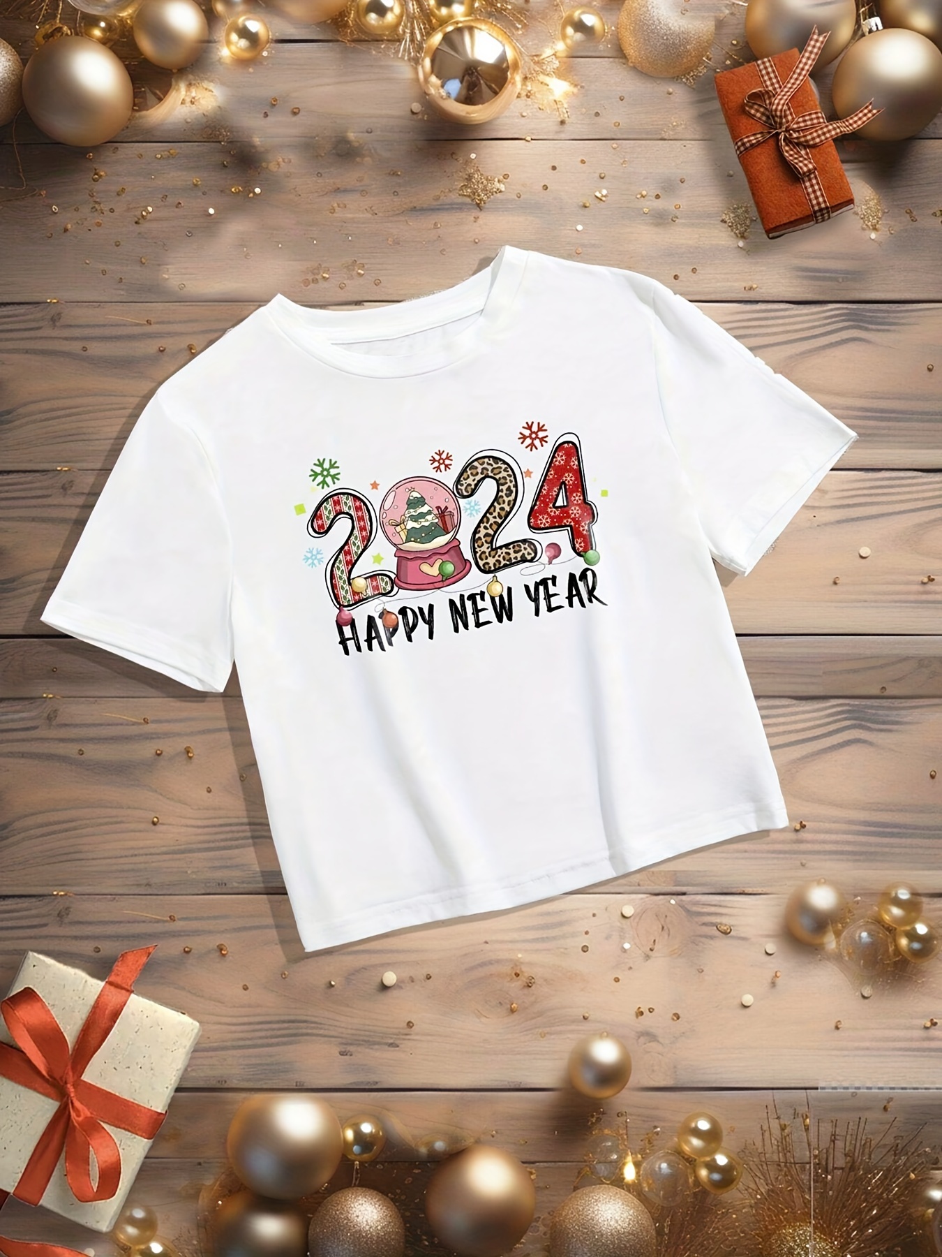 Happy 2024 New Year Print Casual Fashion Sports T-shirt, Short Sleeve Round  Neck Running Workout Tops, Women's Activewear