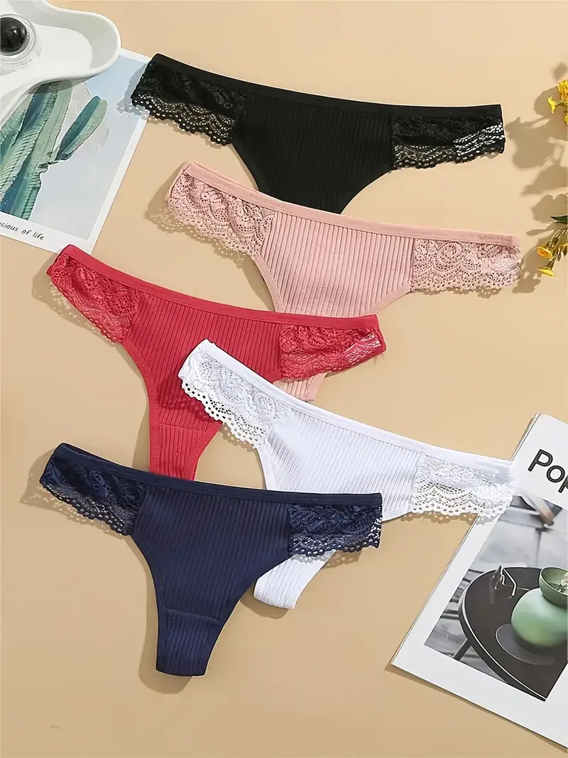 Lace Stitching Thongs Sexy Low Waist Ribbed Panties Women's - Temu