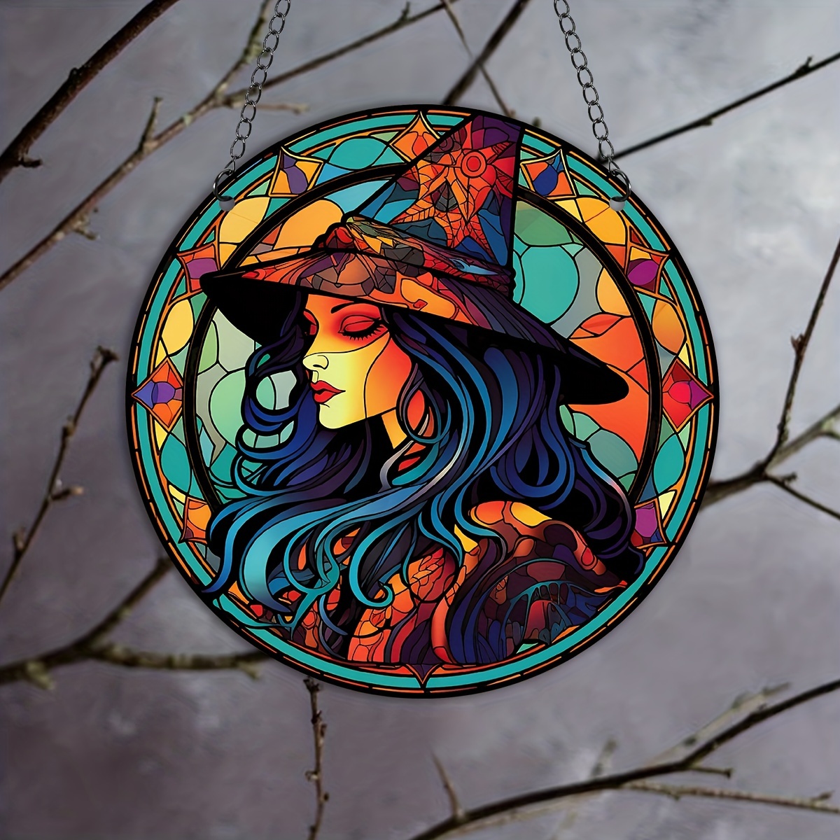 Girl Wearing A Hat Halloween Suncatcher Wreath Sign,stained Glass