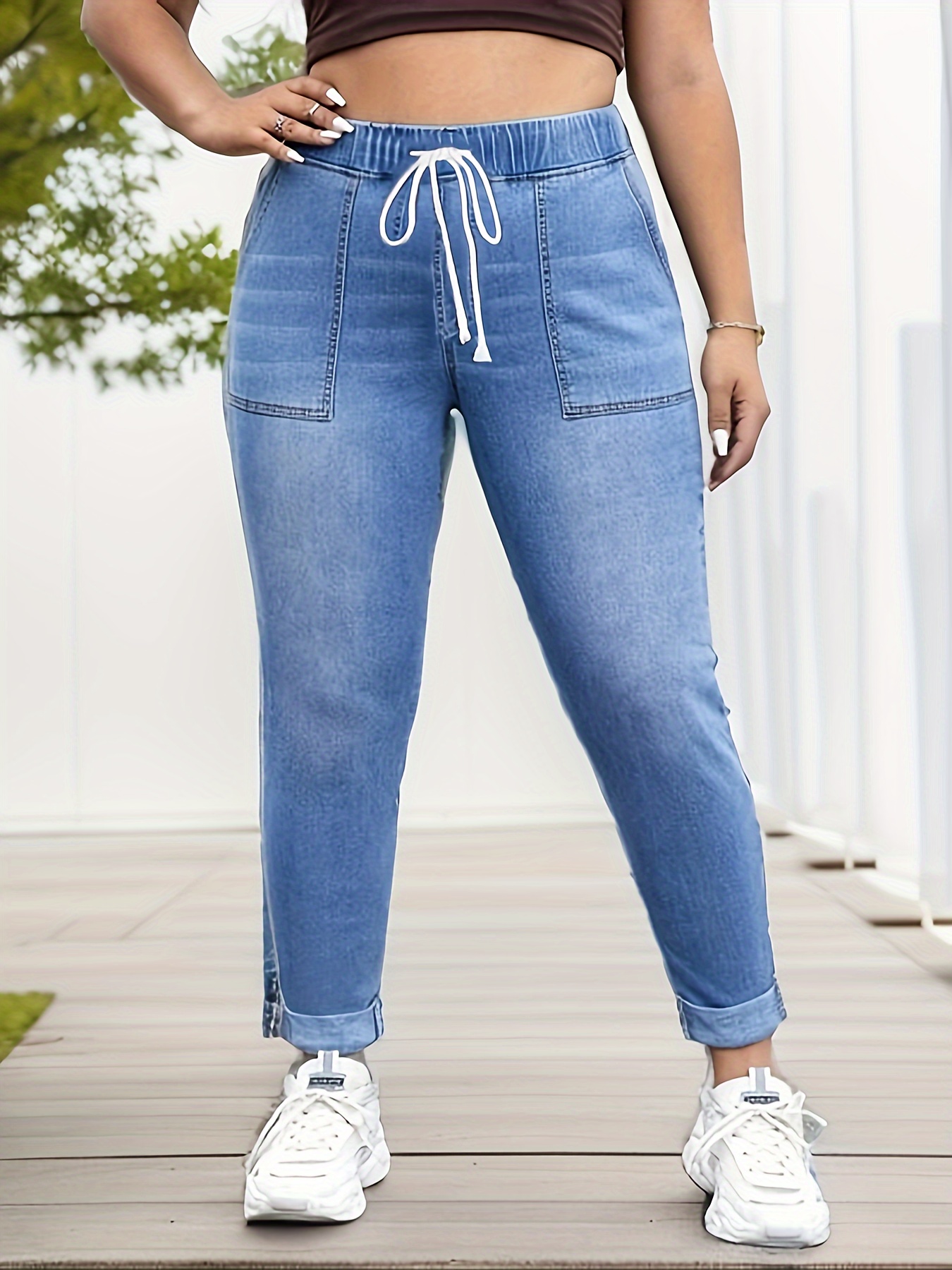 Plus Size Casual Jeans Women's Plus Tie Front Elastic Waist - Temu