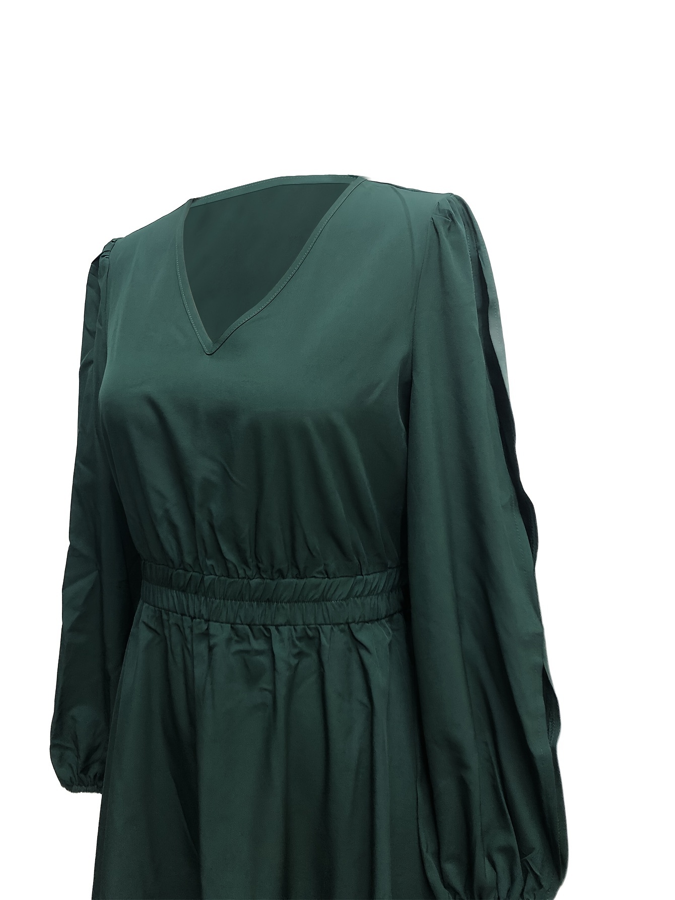 Shirred Waist Surplice Neck Dress, Casual Long Sleeve Solid Midi Dress,  Women's Clothing