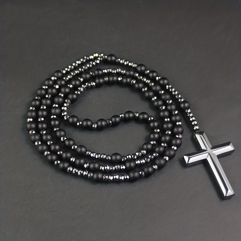 Men's Natural Stone Tiger Eye Lapis Glitter Bead Cross Pendant Necklace