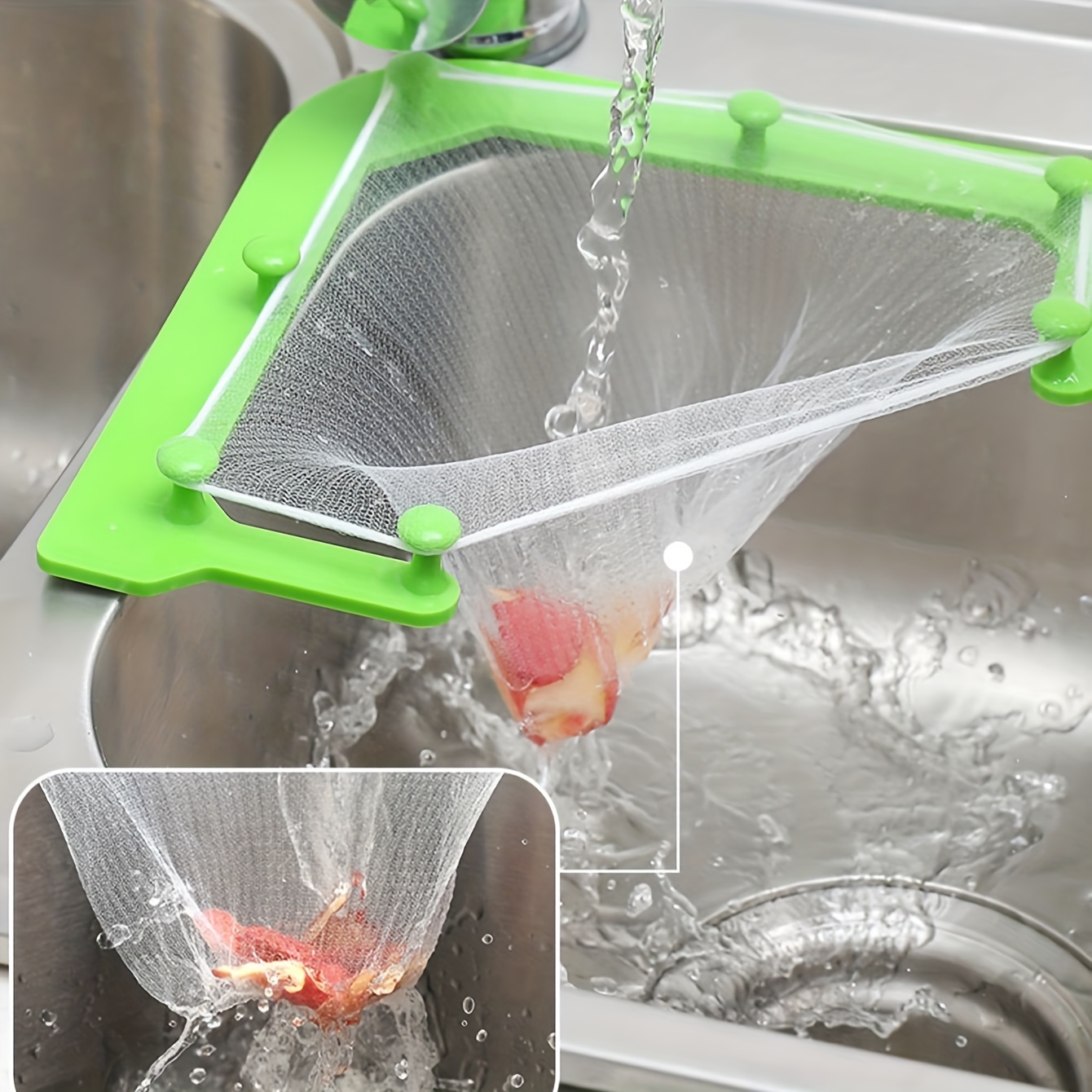 Sink Strainer Shelf with Net Bags Triangular Sink Net Garbage