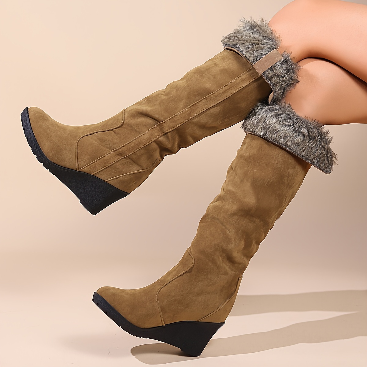 Furry Knee High Boots Women s Fluffy Winter Warm Wedge Long - Temu