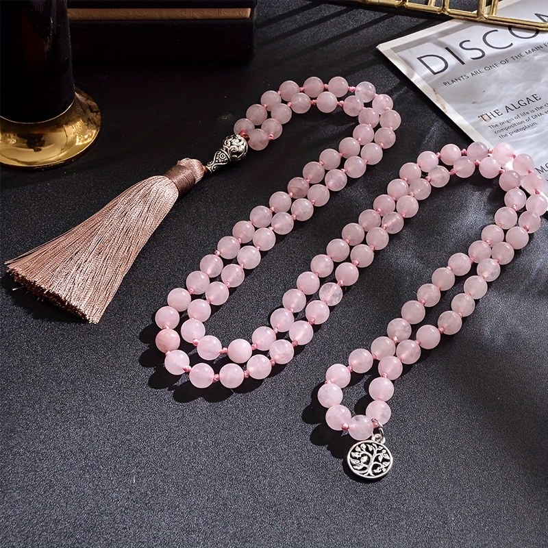 TEMU Bohemian Style 8mm Pink Rose Quartz Mala Bead Necklace - Natural Stone, Polyester Pendant For Men