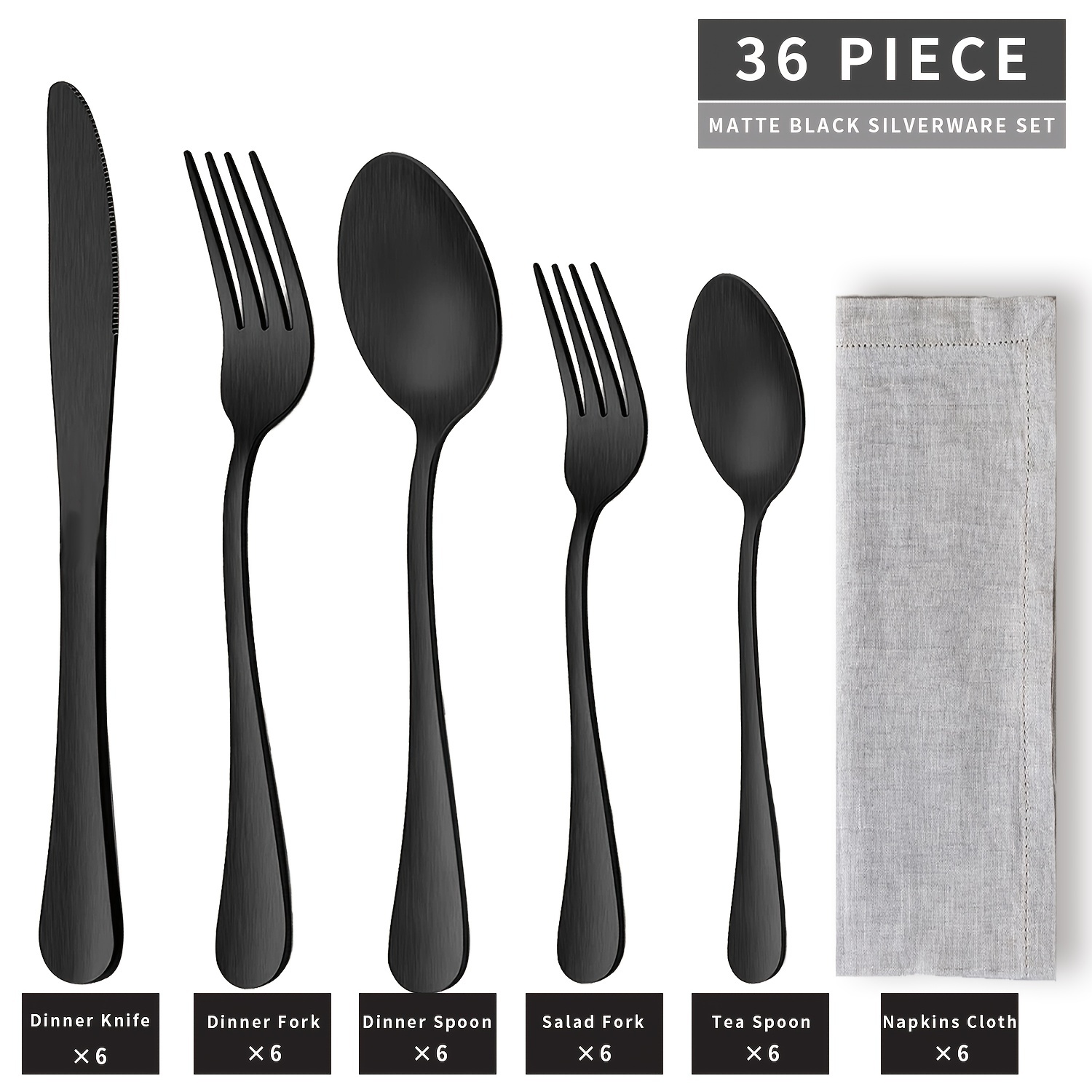 36Pcs Black Matte Flatware Cutlery Set 304 Stainless Steel