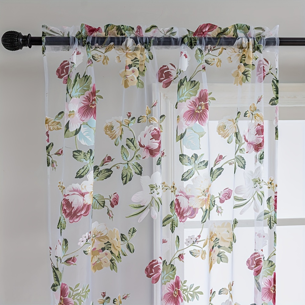 Sheer Floral Curtains 84 Inches Long 2 Panels, Red Peony Flower Curtains  for Living Room Bedroom Rod Pocket Light Filtering Slub Textured Window