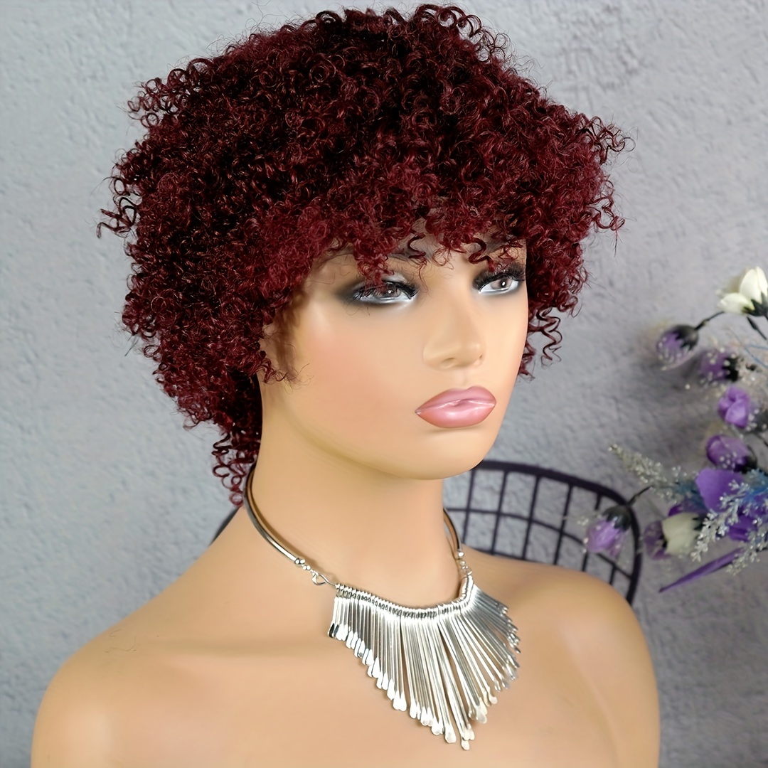 Afro Short Curly Colored Human Hair Wig With Bangs