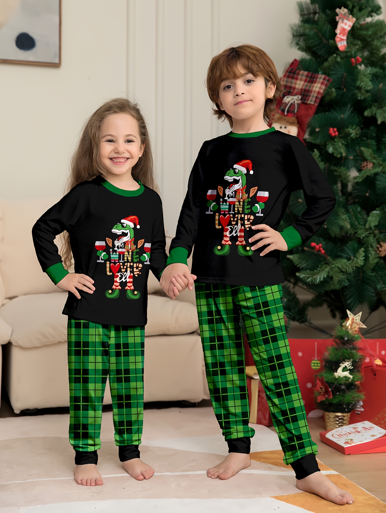 Christmas Toddler Boys 2-piece Pajama Sets Christmas Dinosaur Print Round  Neck Long Sleeve Top & Matching Plaid Pants Casual PJ Sets For All Seasons