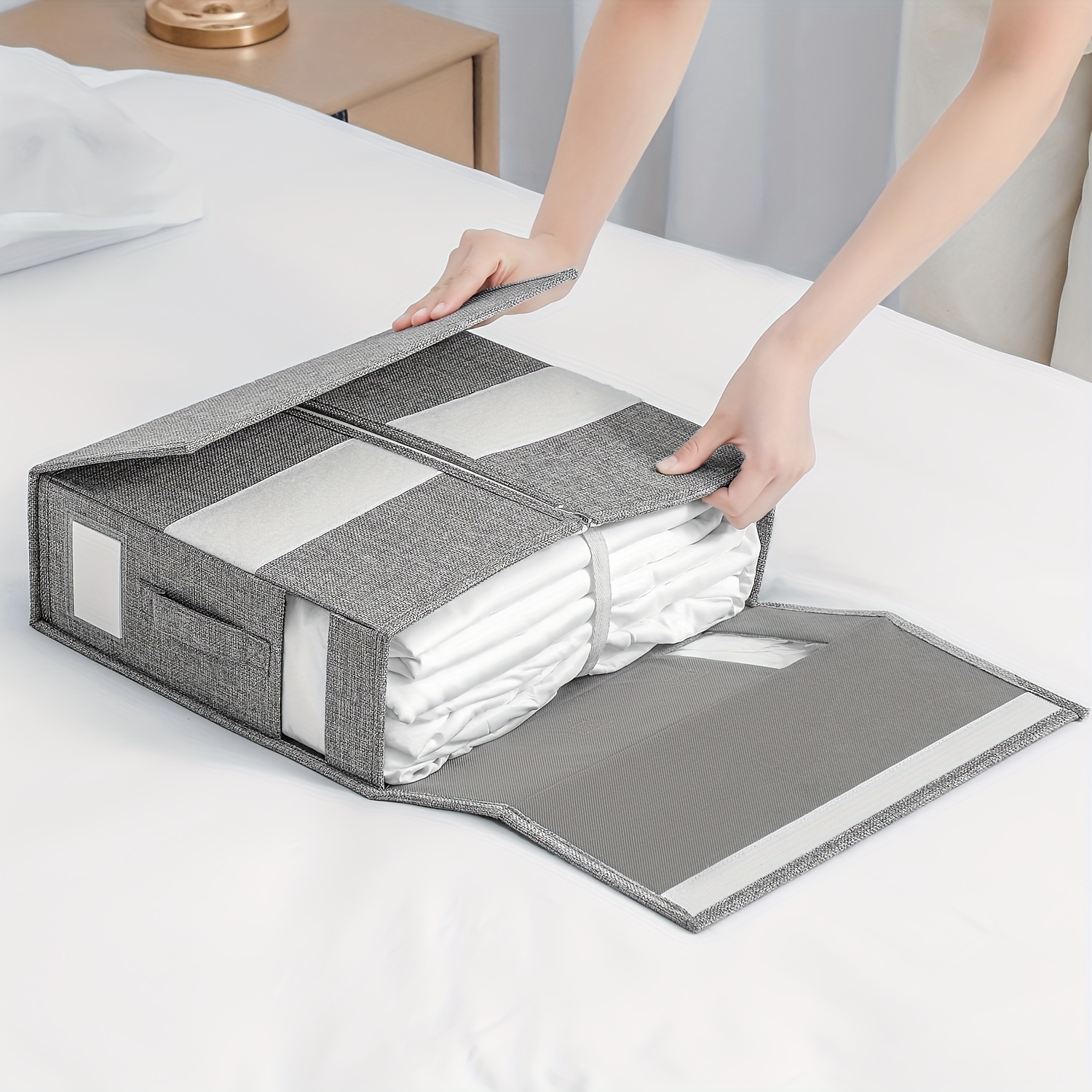 2 paquetes de organizador de juego de sábanas plegable en forma de cubo,  contenedores de almacenamiento de tela para sábanas, fundas de edredón y  fundas de almohada, organizador de armario de lino