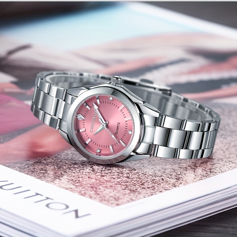 エレガントなラウンドポインタークォーツウォッチラインストーン装飾アナログステンレススチール腕時計 - Temu Japan