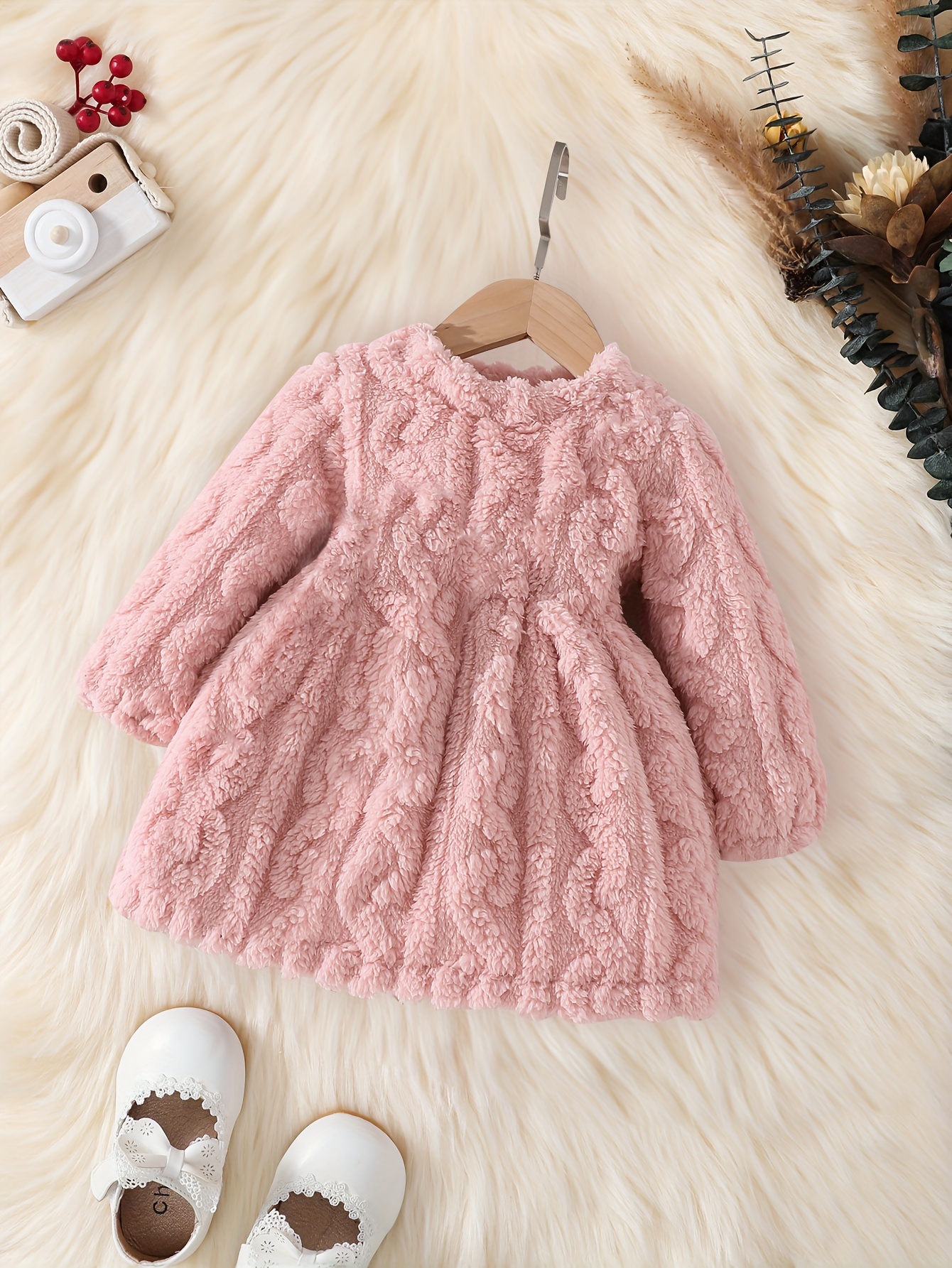 Baby Girls Outing Pink Jacquard Fleece Fashion Waist Long Sleeve Round Neck  Pullover Skirt Coat + Separate White Flannel Embroidered Rabbit Bag Clothi